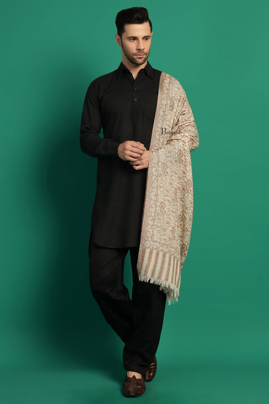 Pashtush India Mens Scarves Stoles and Mufflers Pashtush Mens 100% Pure Wool With Woolmark Certificate Stole, Paisley Design, Ivory