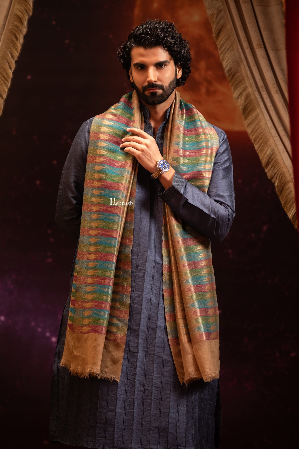 Pashtush India Mens Scarves Stoles and Mufflers Pashtush Mens 100% Pure Wool With Woolmark Certificate Stole, Paisley Design, Multicolour