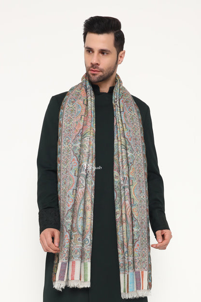 Pashtush India Mens Scarves Stoles and Mufflers Pashtush Mens 100% Pure Wool With Woolmark Certificate Stole, Paisley Palla Design, Ivory