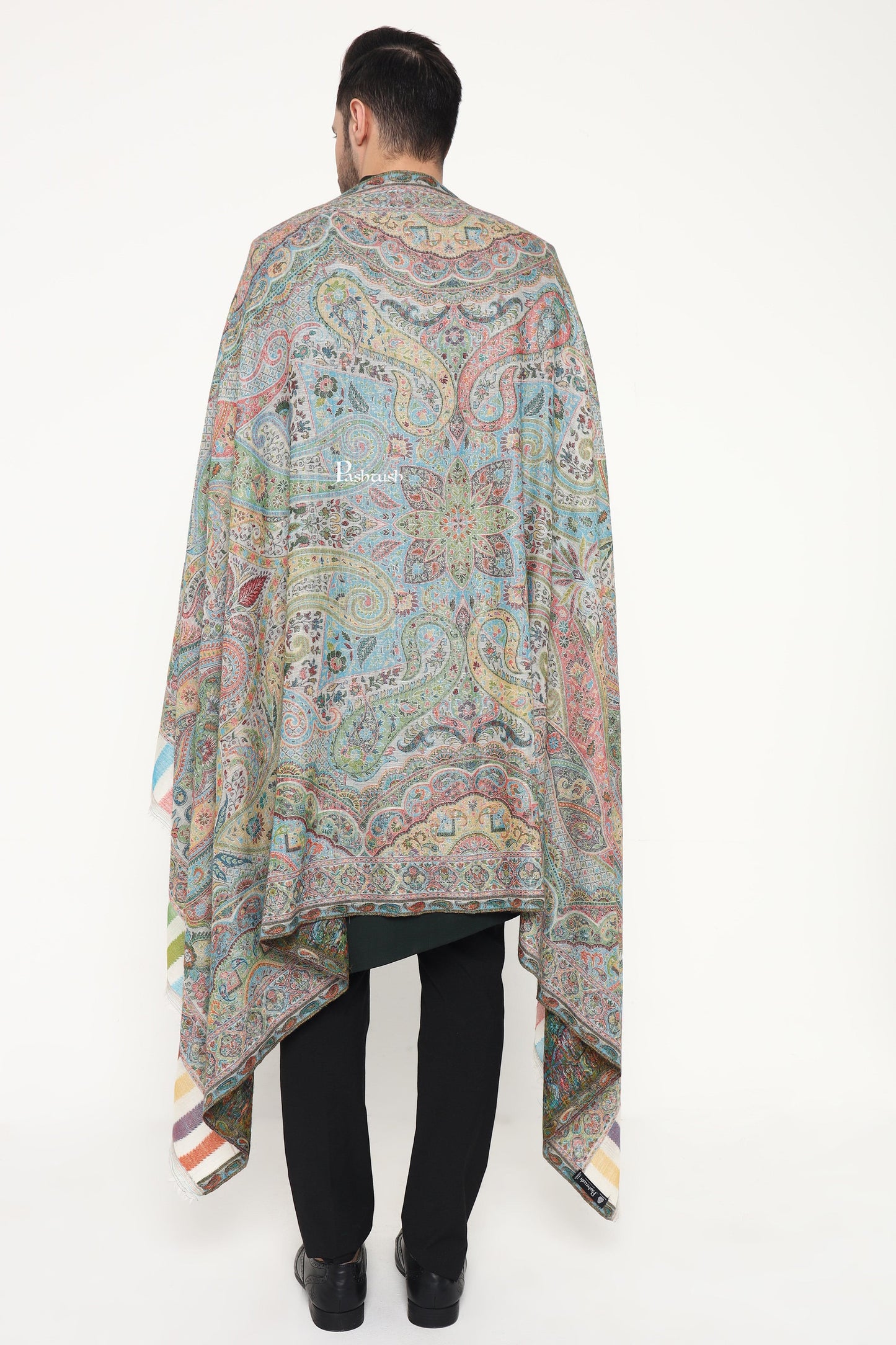 Pashtush India Mens Scarves Stoles and Mufflers Pashtush Mens 100% Pure Wool With Woolmark Certificate Stole, Paisley Palla Design, Ivory