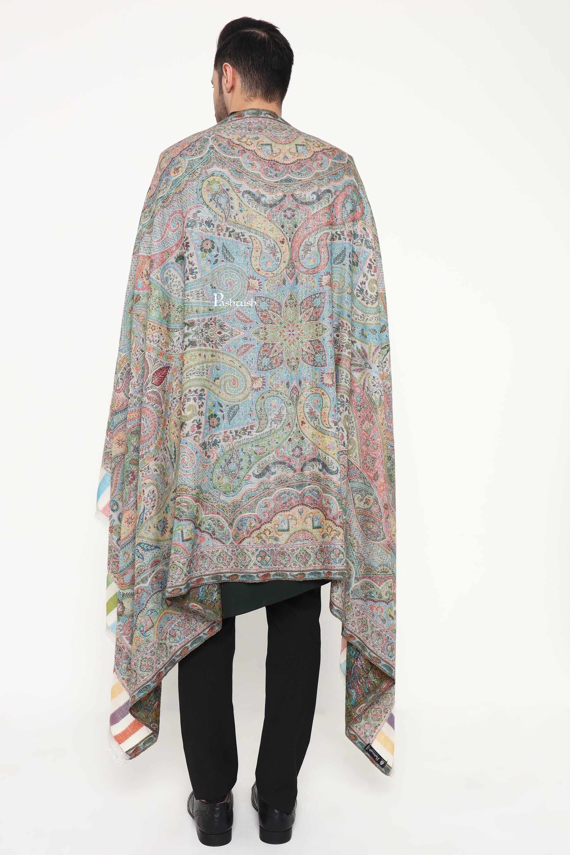 Pashtush India Mens Scarves Stoles and Mufflers Pashtush Mens 100% Pure Wool With Woolmark Certificate Stole, Paisley Palla Design, Ivory