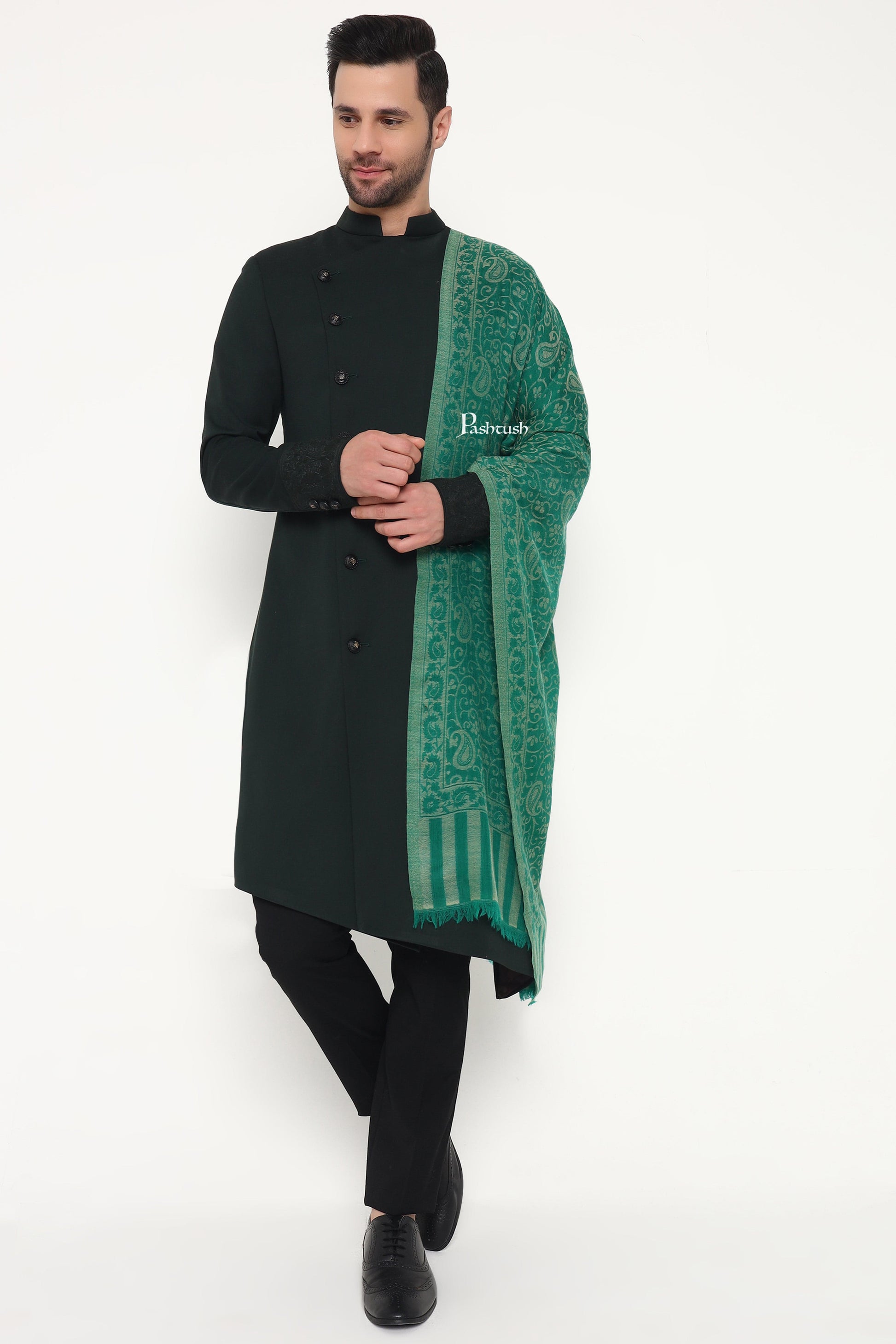 Pashtush India Mens Scarves Stoles and Mufflers Pashtush Mens 100% Pure Wool With Woolmark Certificate Stole, Paisley Weave Design, Green