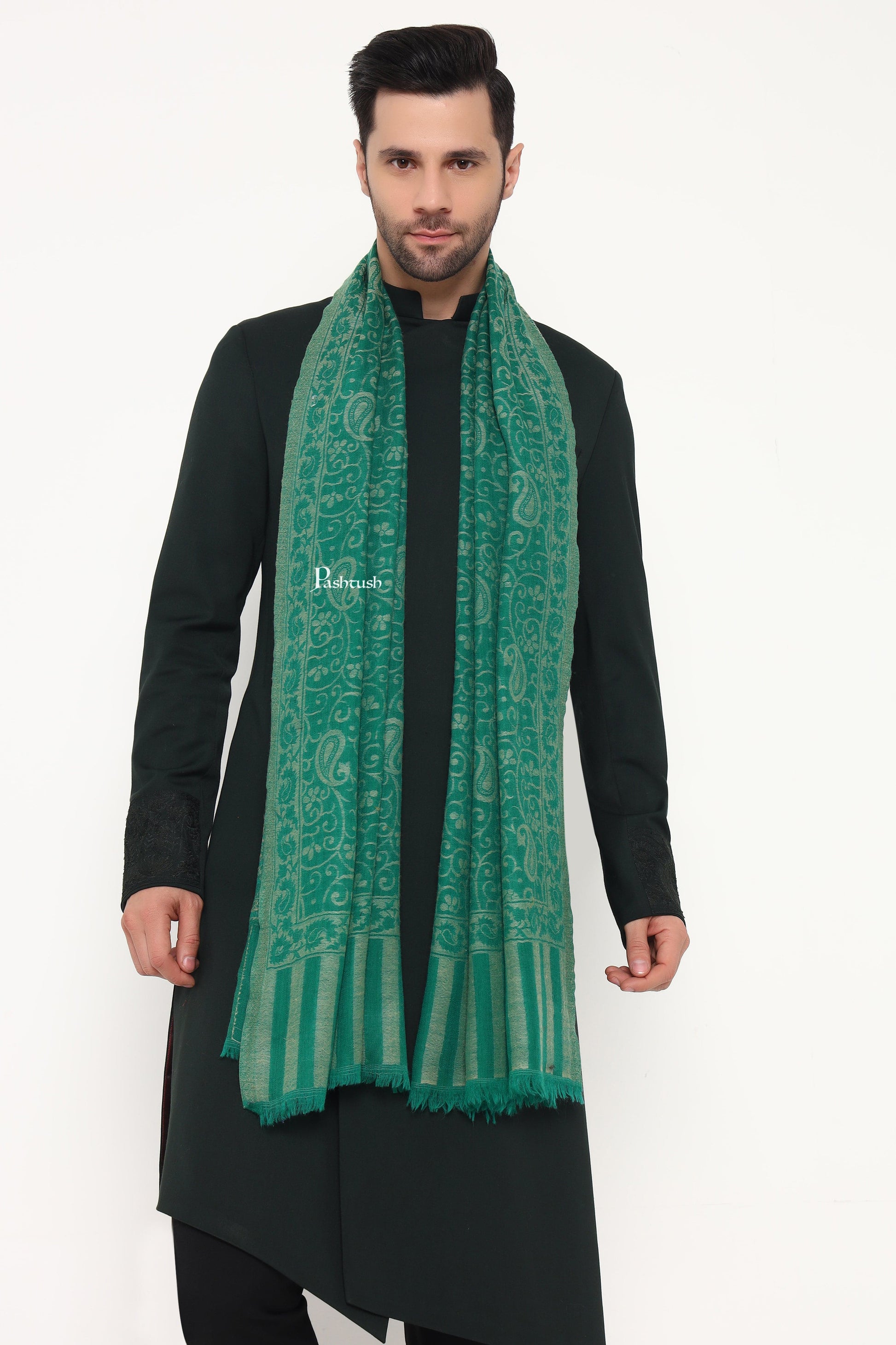 Pashtush India Mens Scarves Stoles and Mufflers Pashtush Mens 100% Pure Wool With Woolmark Certificate Stole, Paisley Weave Design, Green