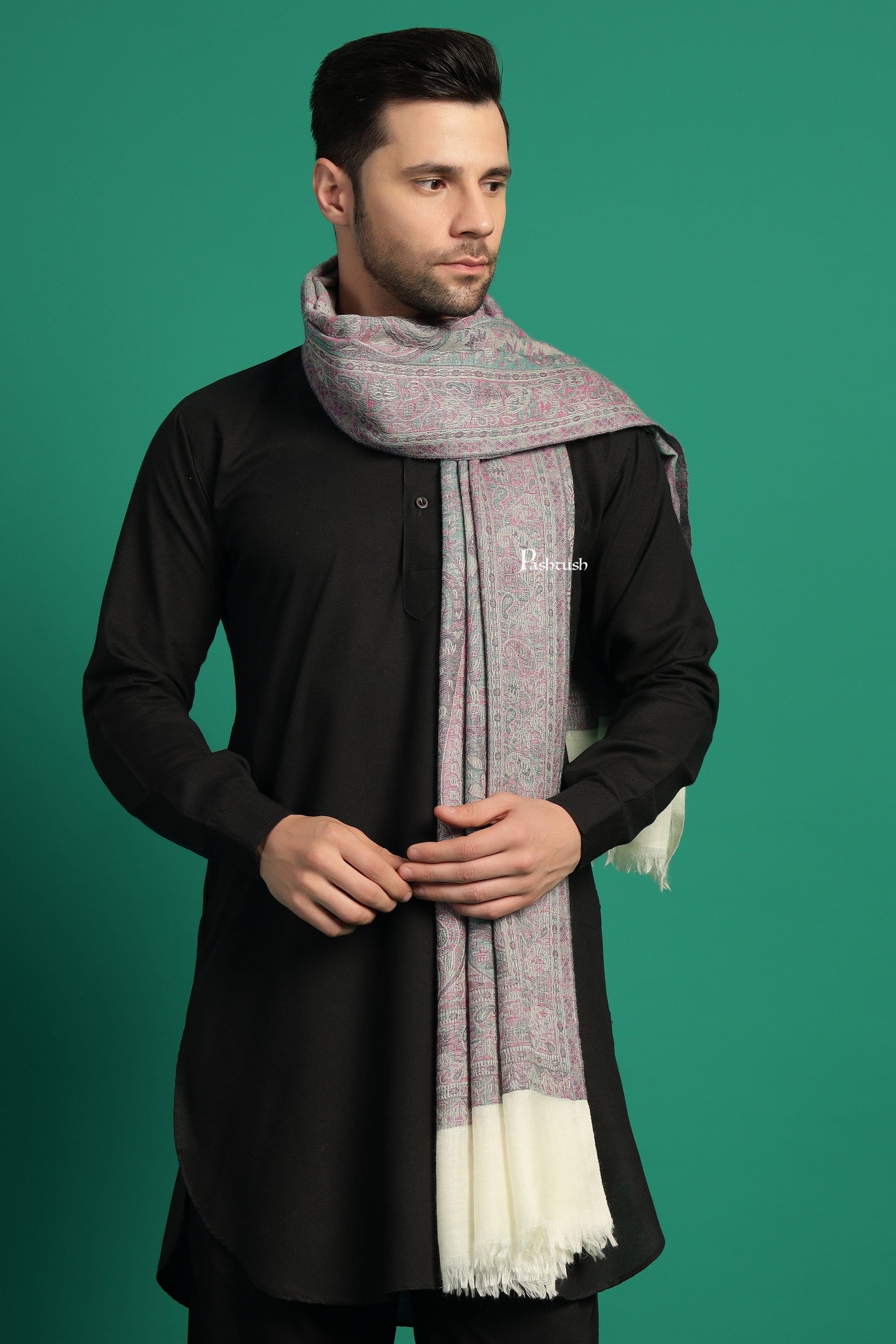 Pashtush India Mens Scarves Stoles and Mufflers Pashtush Mens 100% Pure Wool With Woolmark Certificate Stole, Paisley Weave Design, Ivory