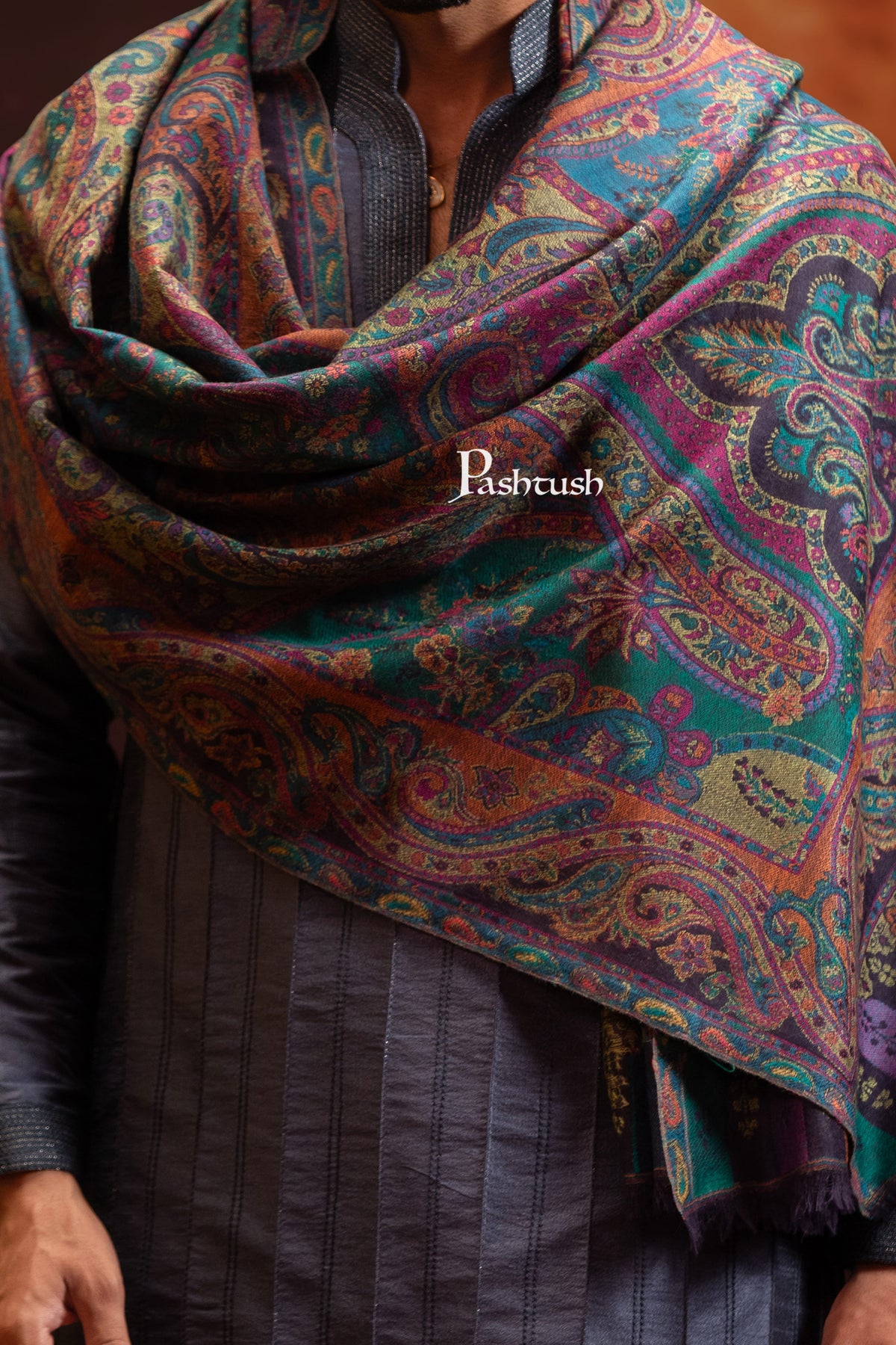 Pashtush India Mens Scarves Stoles and Mufflers Pashtush Mens 100% Pure Wool With Woolmark Certificate Stole, Paisley Weave Design, Multicolour