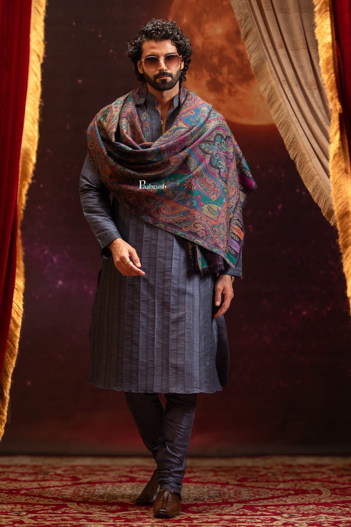 Pashtush India Mens Scarves Stoles and Mufflers Pashtush Mens 100% Pure Wool With Woolmark Certificate Stole, Paisley Weave Design, Multicolour