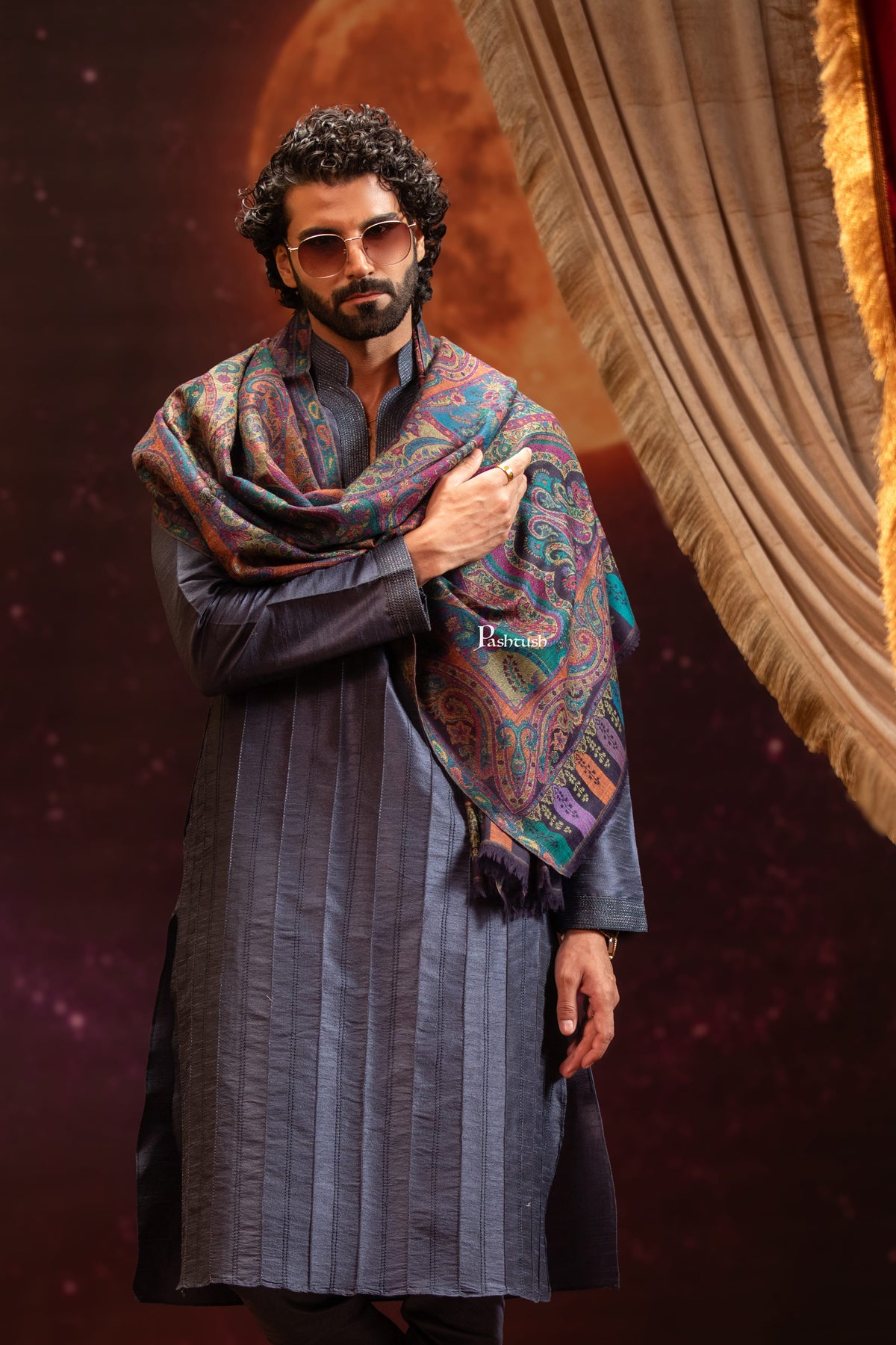 Pashtush India Mens Scarves Stoles and Mufflers Pashtush Mens 100% Pure Wool With Woolmark Certificate Stole, Paisley Weave Design, Multicolour