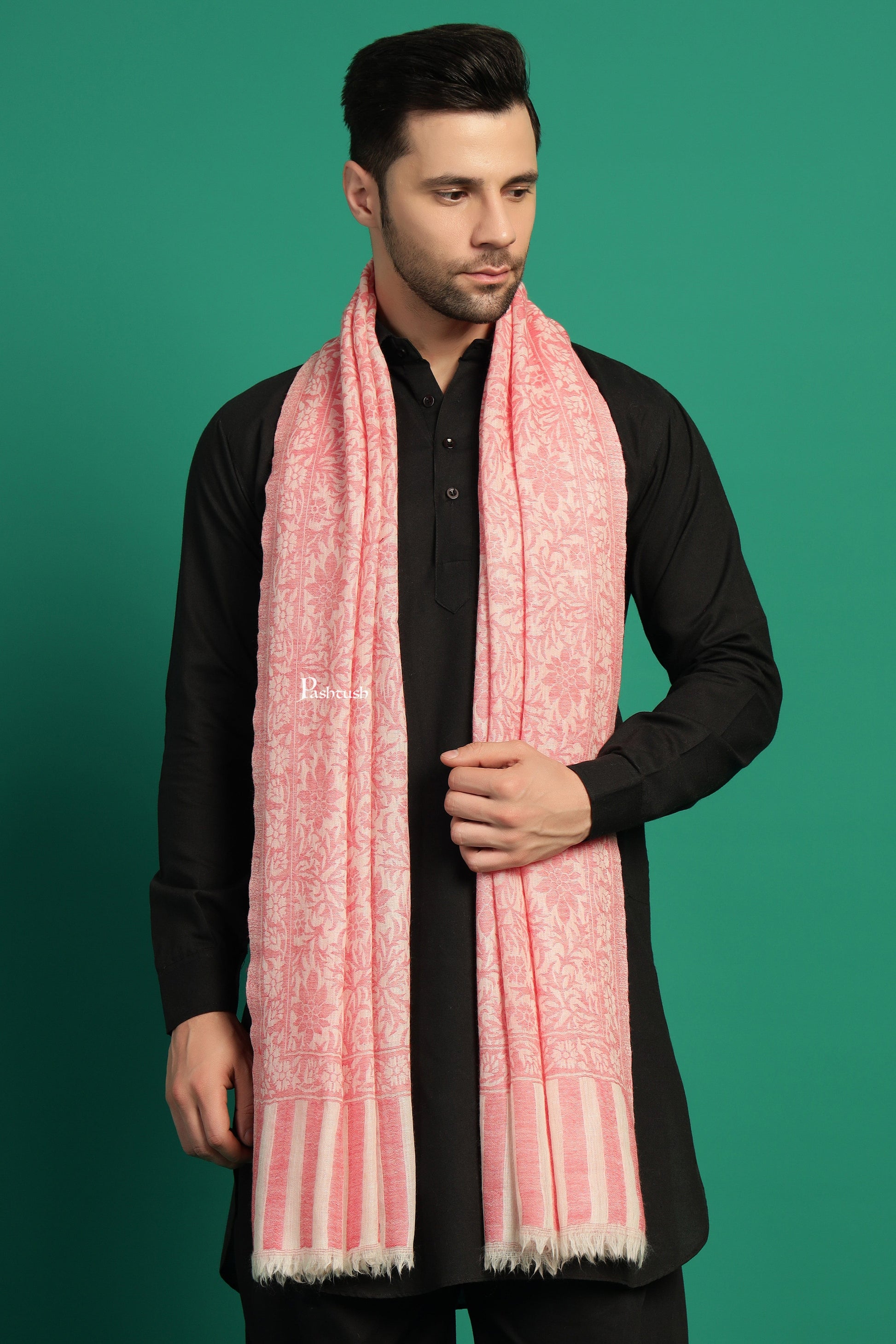 Pashtush India Mens Scarves Stoles and Mufflers Pashtush Mens 100% Pure Wool With Woolmark Certificate Stole, Pasiley Design, Ivory