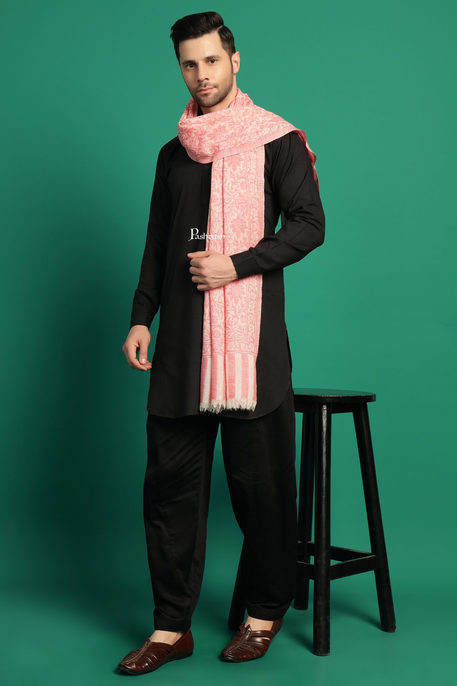 Pashtush India Mens Scarves Stoles and Mufflers Pashtush Mens 100% Pure Wool With Woolmark Certificate Stole, Pasiley Design, Ivory