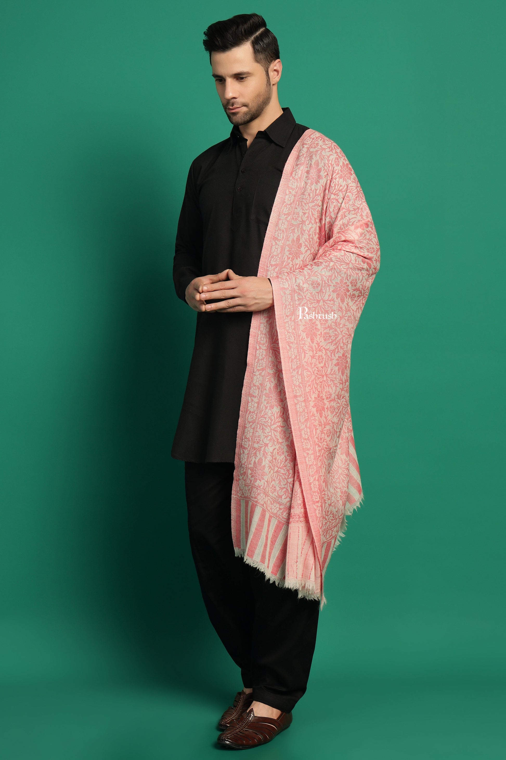 Pashtush India Mens Scarves Stoles and Mufflers Pashtush Mens 100% Pure Wool With Woolmark Certificate Stole, Pasiley Design, Ivory