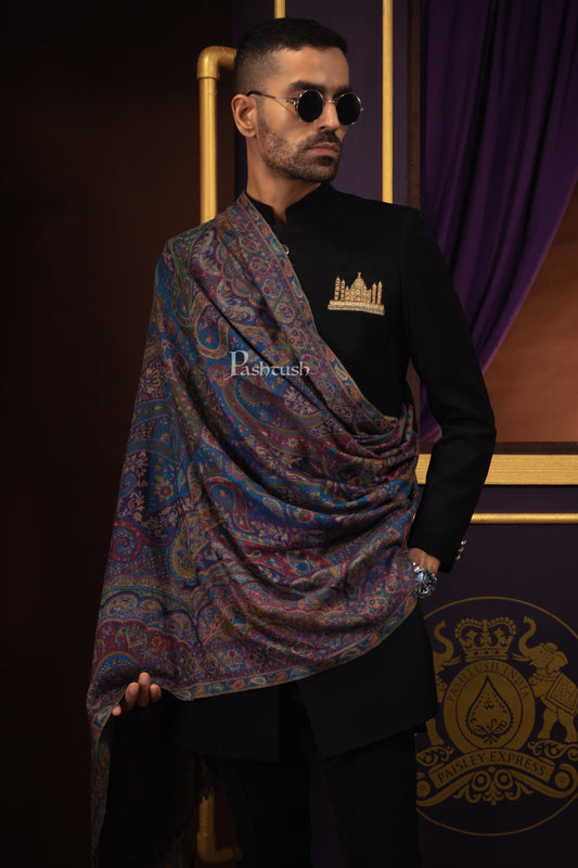 Pashtush India Mens Scarves Stoles and Mufflers Pashtush Mens 100% Pure Wool With Woolmark Certificate Stole, Pasiley Weave Design, Navy Blue