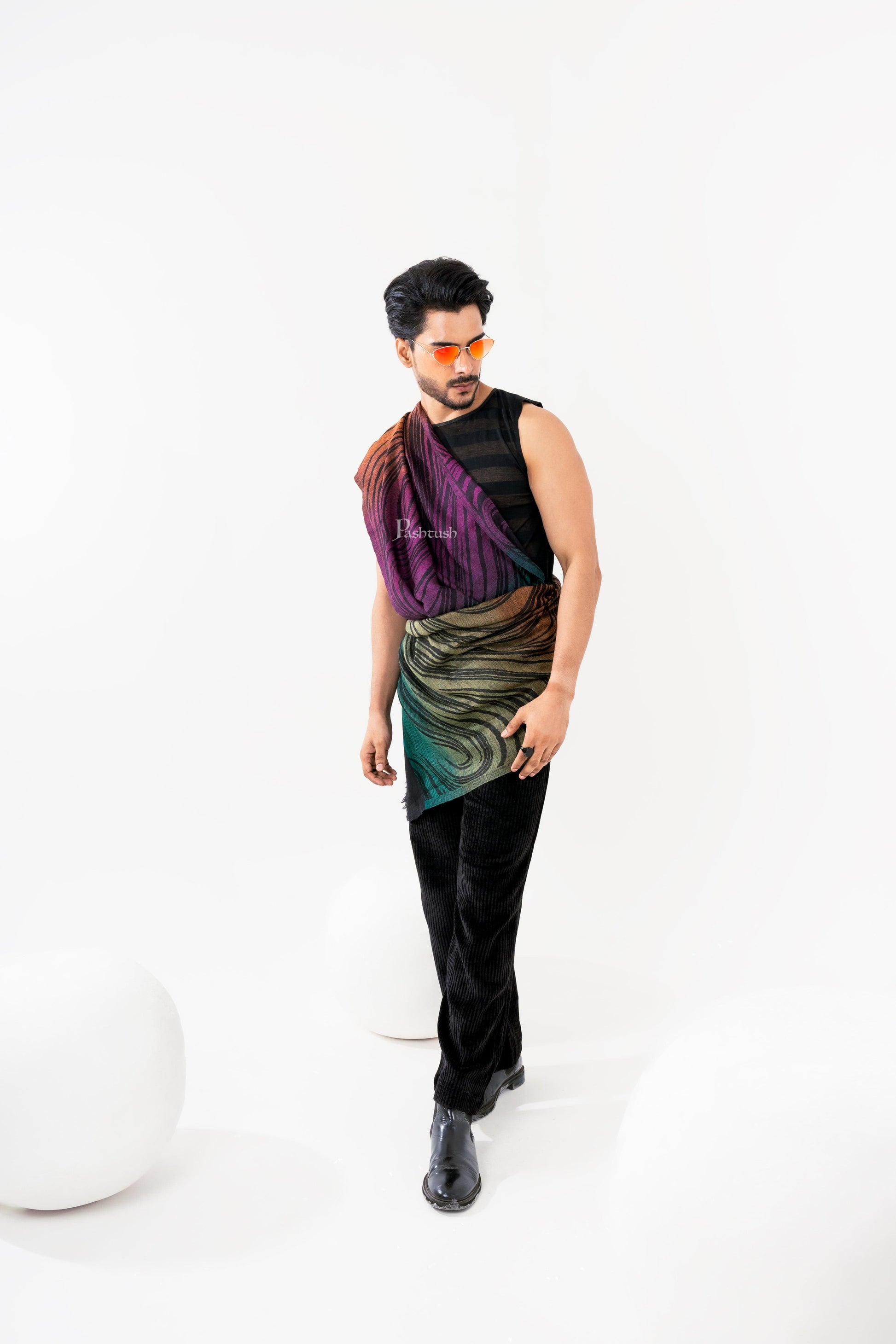 Pashtush India Mens Scarves Stoles and Mufflers Pashtush Mens 100% Pure Wool With Woolmark Certificate Stole, Yaro Slings Dandy Spring Design, Black
