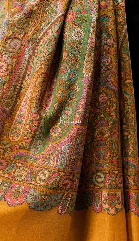 Pashtush India 100x200 Pashtush Mens 100% Pure Wool, Woven Kalamkari Design Shawl, Kashmiri Mustard