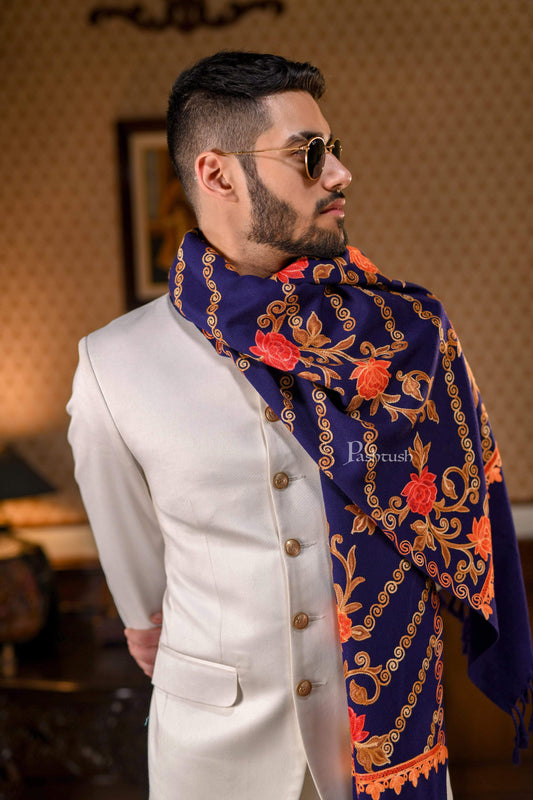 Pashtush India 70x200 Pashtush Mens Aari Embroidery, Woollen Stole