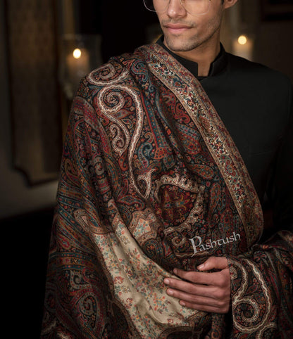 Pashtush India 100x200 Pashtush Mens Antique Look Heritage Design, Jamawar Stole, Fine Wool