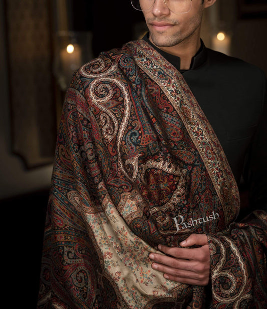 Pashtush India 100x200 Pashtush Mens Antique Look Heritage Design, Jamawar Stole, Fine Wool