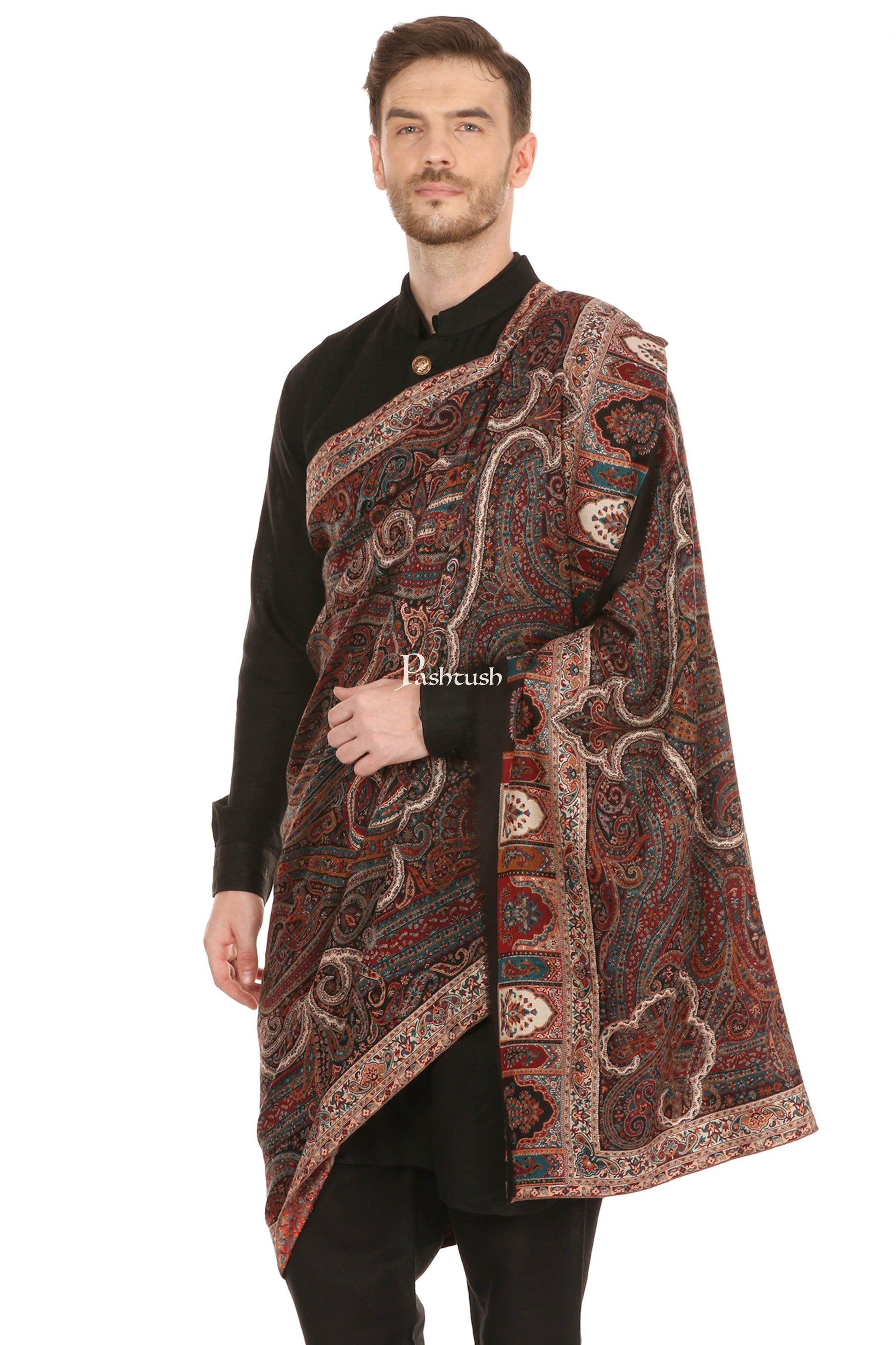 Pashtush India Mens Scarves Stoles and Mufflers Pashtush Mens Antique Look Heritage Design, Jamawar Stole, Fine Wool