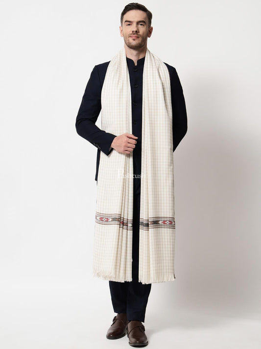 Pashtush India Mens Shawls Gents Shawl Pashtush Mens Aztec Weave Shawl With Checkered Weave, White