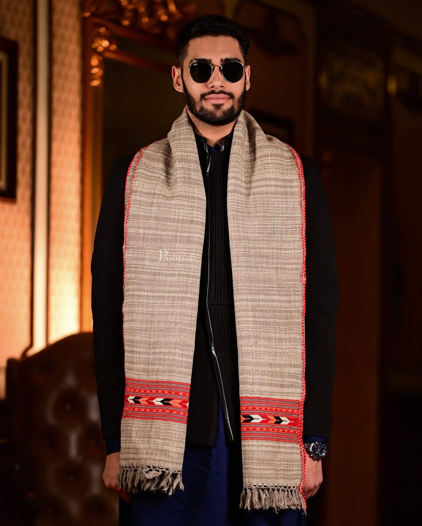 Pashtush India 70x200 Pashtush Mens Aztec Wool, Authentic 100% Handwoven Stole, Extra Warm, Beige