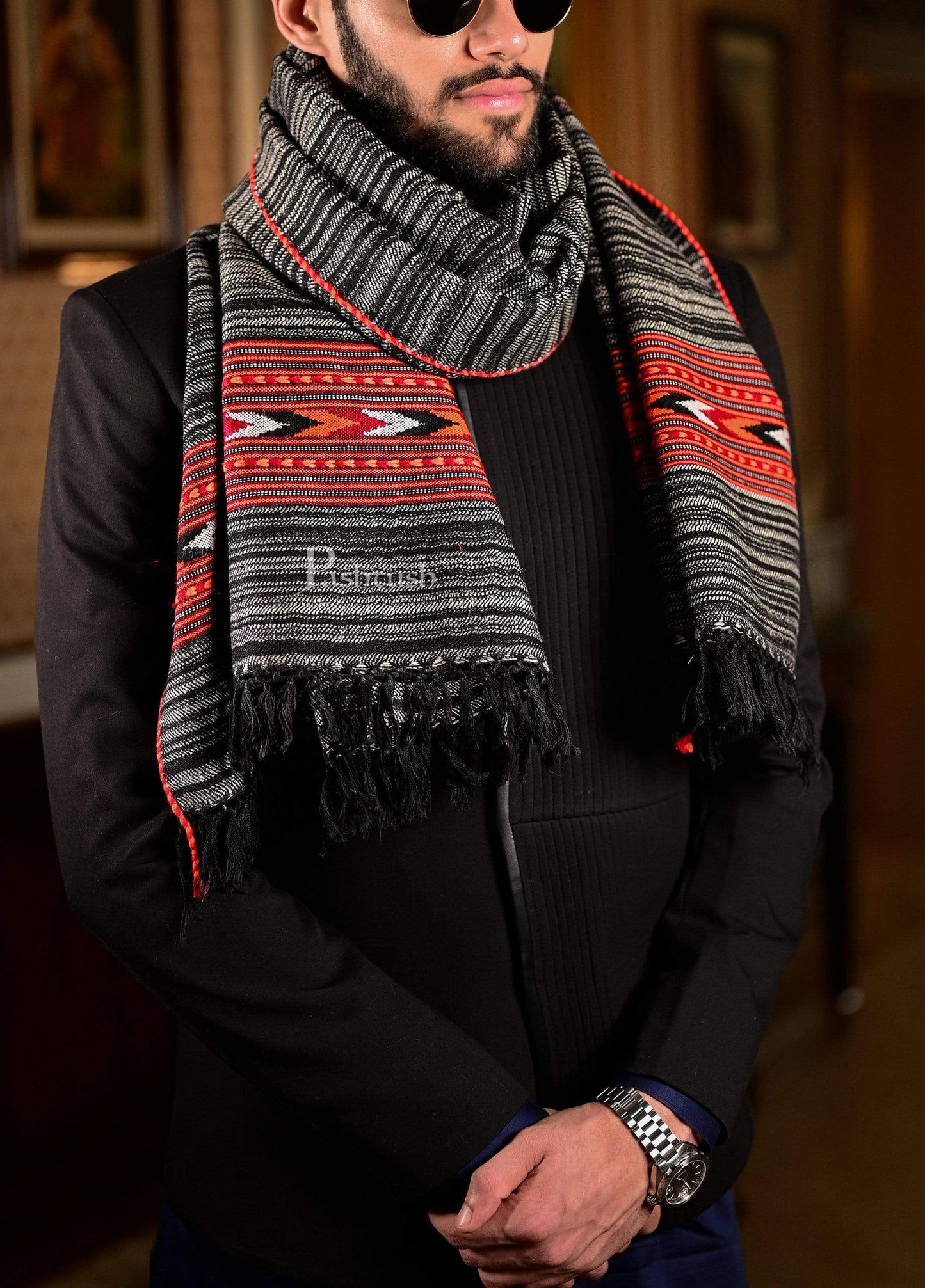 Pashtush India 70x200 Pashtush Mens Aztec Wool, Authentic 100% Handwoven Stole, Extra Warm, grey