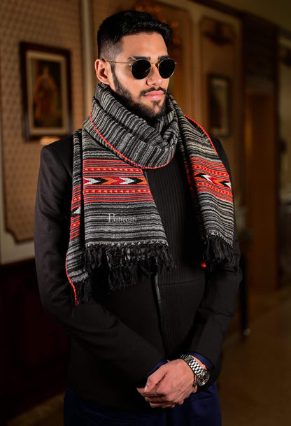 Pashtush India 70x200 Pashtush Mens Aztec Wool, Authentic 100% Handwoven Stole, Extra Warm, grey
