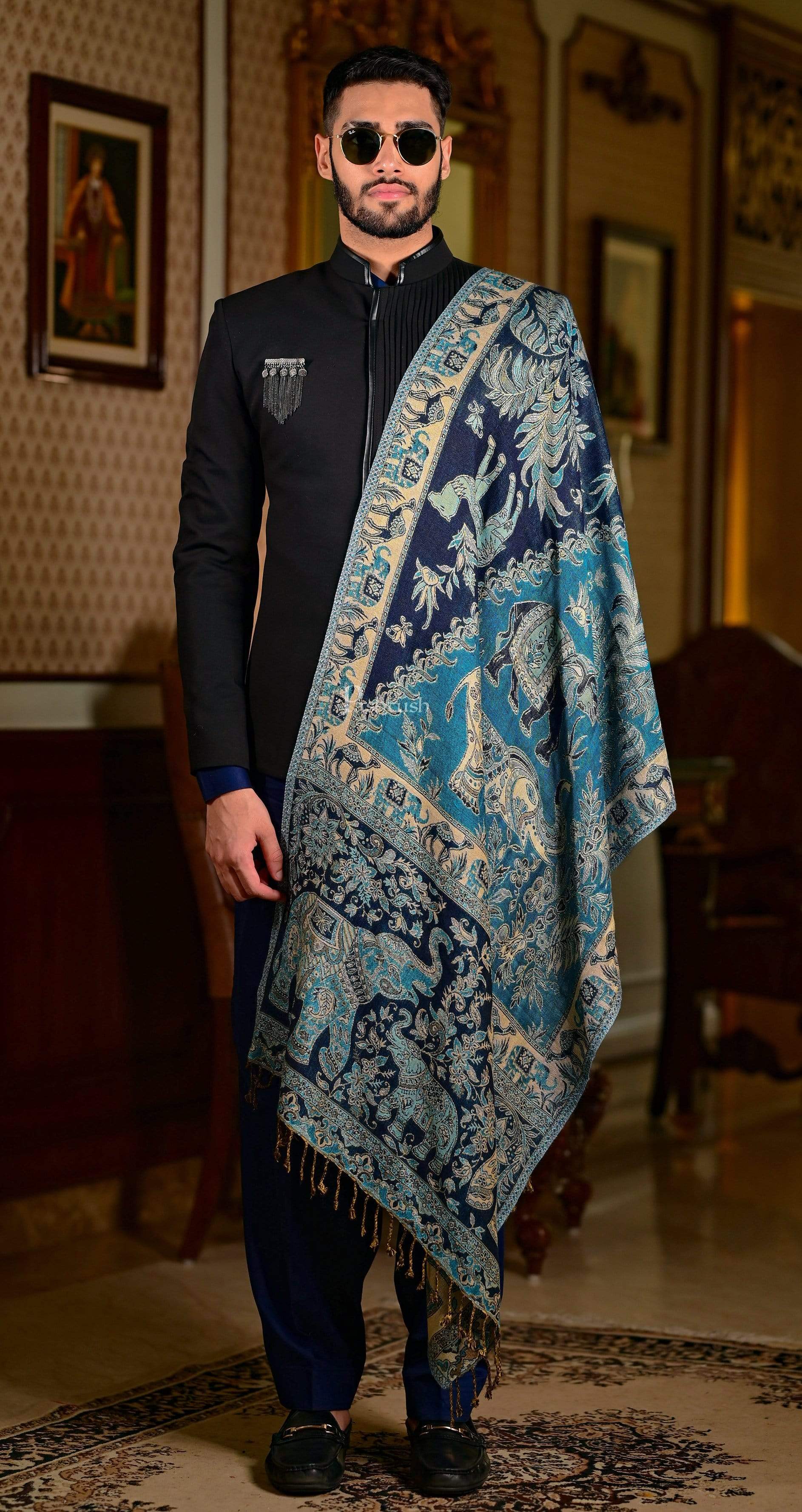 Pashtush India 70x200 Pashtush Mens Bamboo Reversible Muffler Tribal elephants