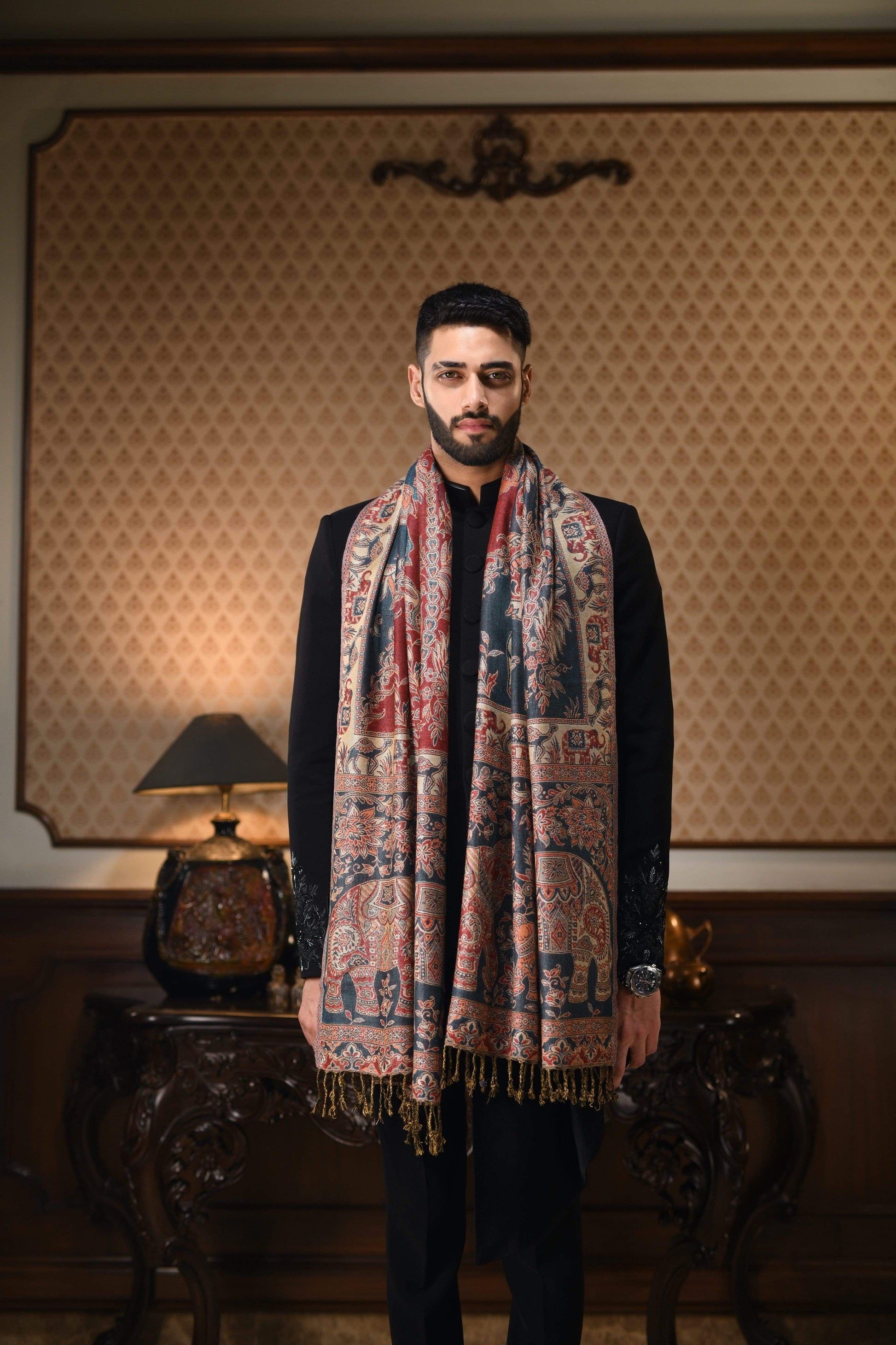 Pashtush India 70x200 Pashtush Mens Bamboo Reversible Muffler Tribal elephants, Azure