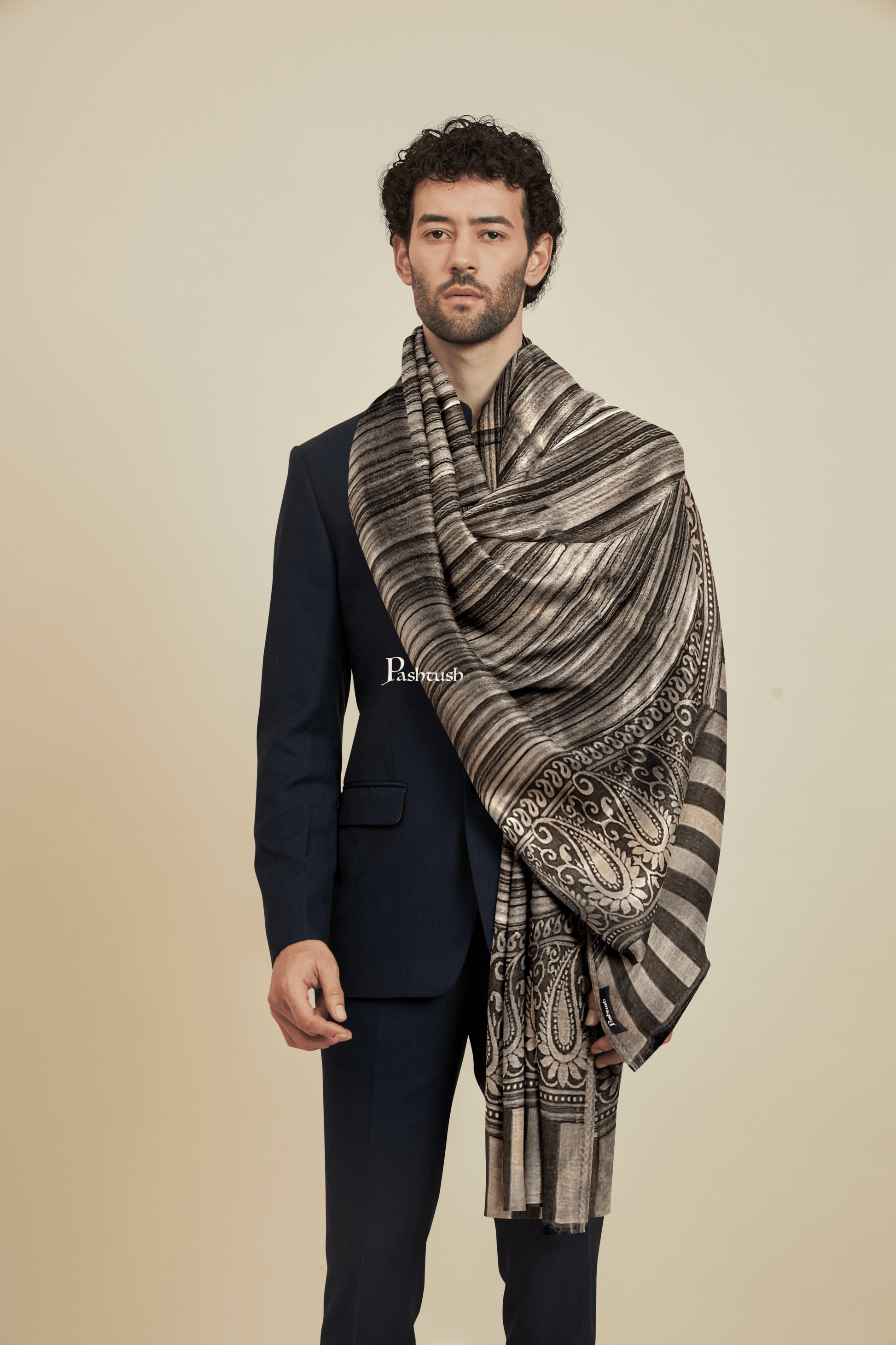 Pashtush India Mens scarf and Stoles Pashtush Mens Bamboo Scarf, Woven Paisley Soft And Natural, Black
