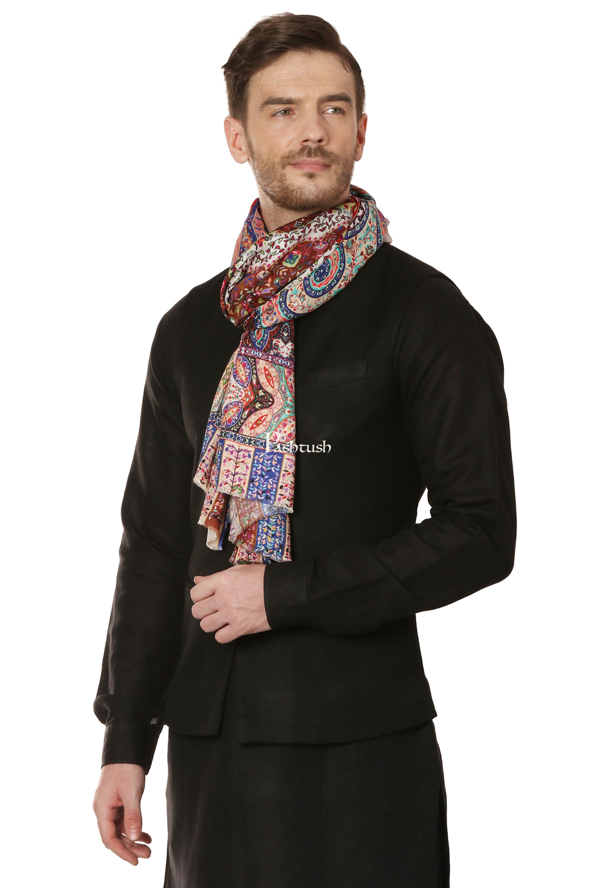 Pashtush India Mens Scarves Stoles and Mufflers Pashtush Mens bamboo Stole, Kalamkari Printed Ethnic Scarf