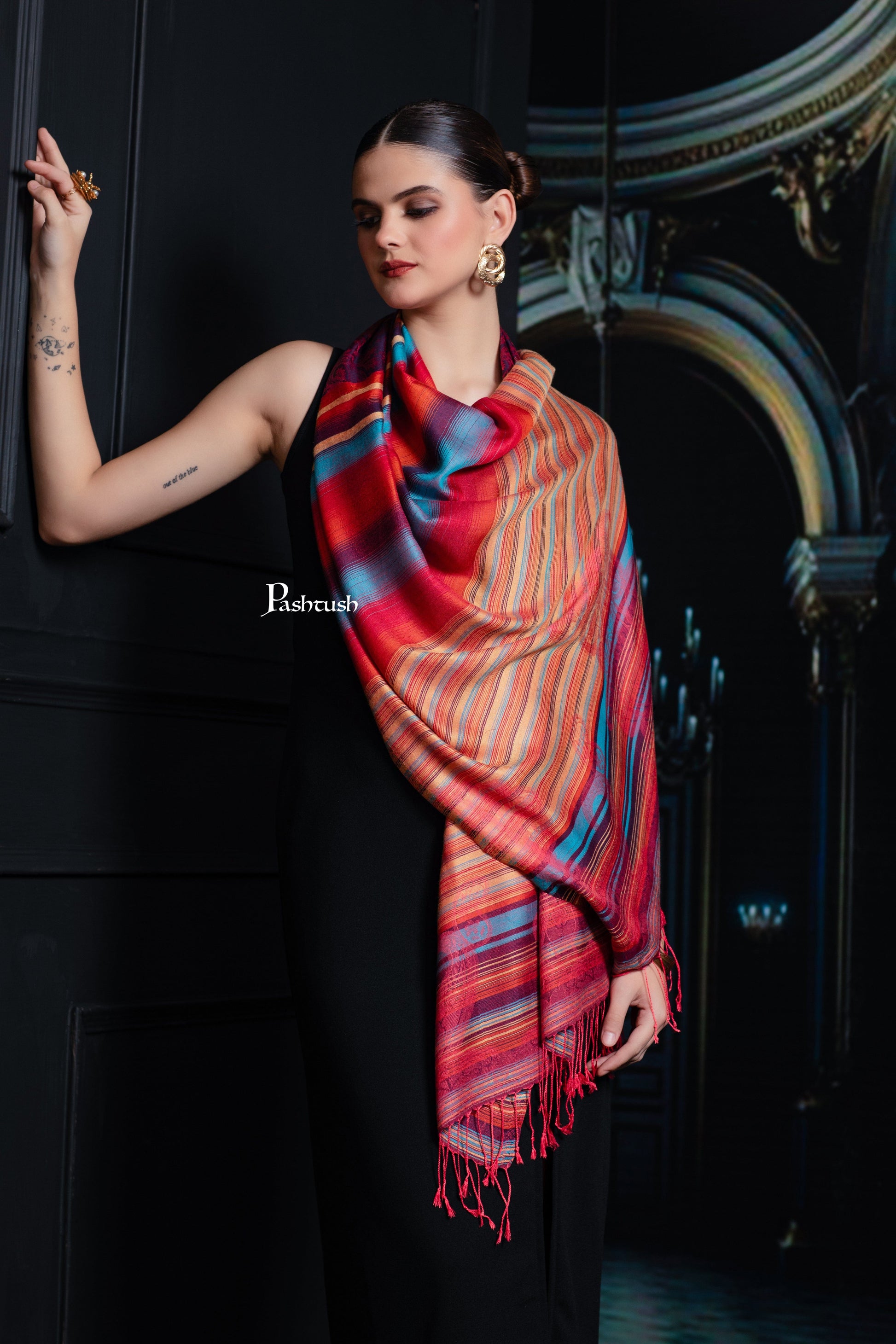 Pashtush India womens scarf and Stoles Pashtush Mens Bamboo Stole, Woven Stripes  Design, Multicolour