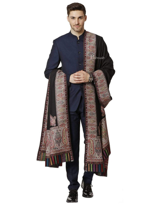 Pashtush India 127x254 Pashtush Mens Black Shawl, With Palle-dar Kaani Weave, Fine Wool, Full Size