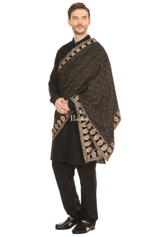 Pashtush India Mens Shawls Gents Shawl Pashtush Mens Black Velvet Shawl, With Tilla Zardozi Embroidery