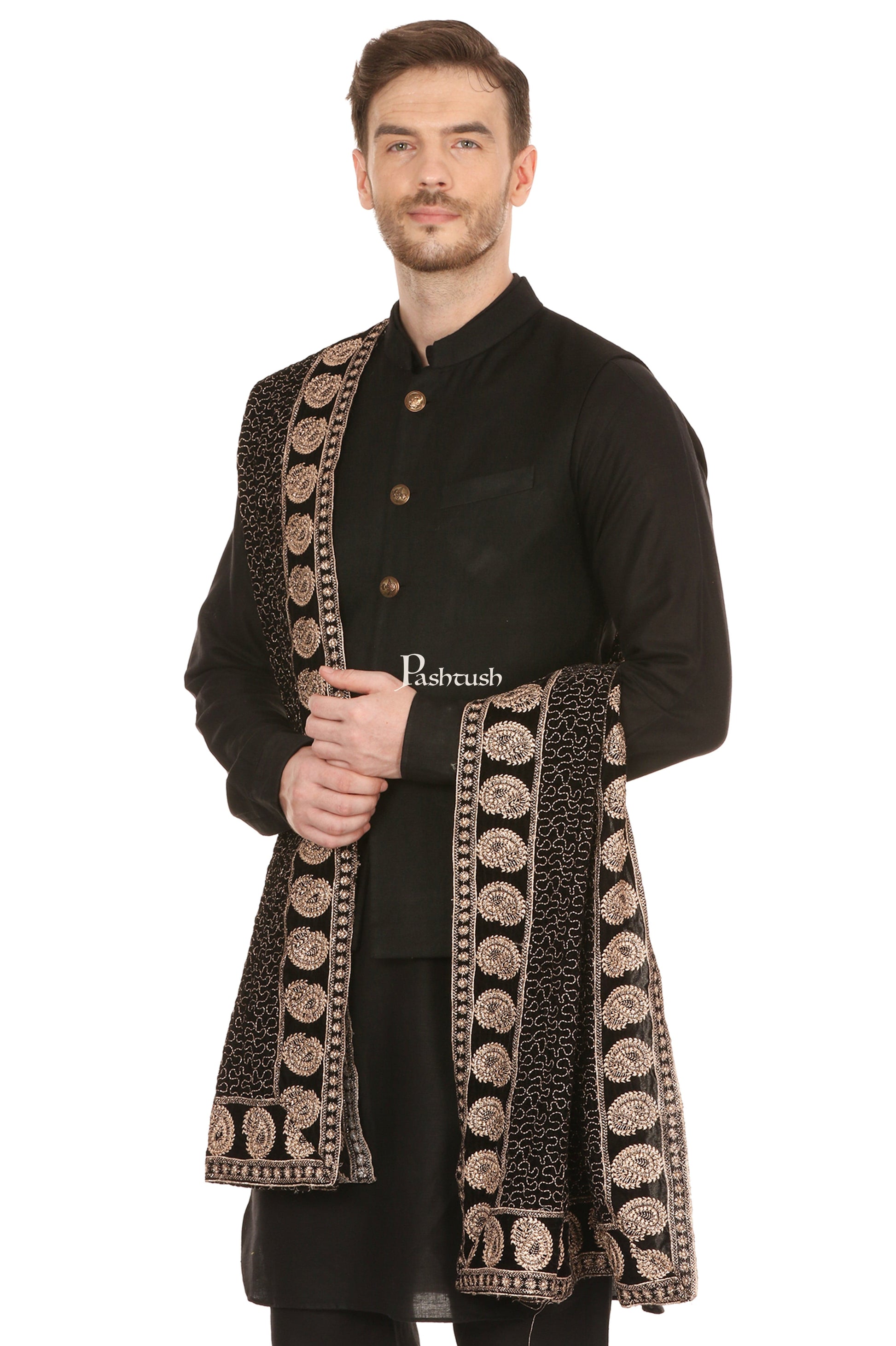 Pashtush India Mens Shawls Gents Shawl Pashtush Mens Black Velvet Shawl, With Tilla Zardozi Embroidery