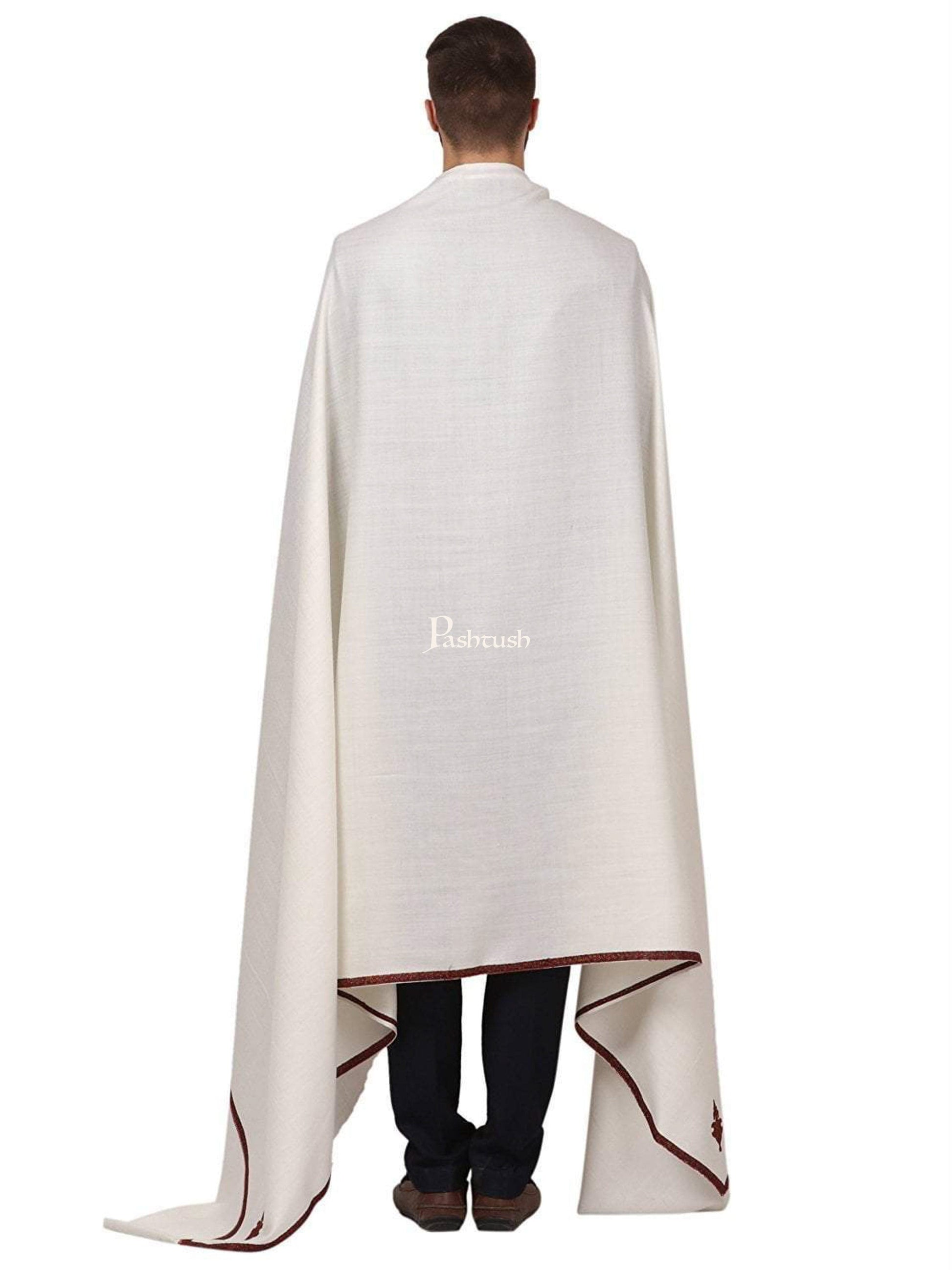 Pashtush India Mens Shawls Gents Shawl Pashtush Mens Border Embroidery Kingri Shawl, Fine Wool, Ivory