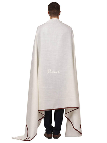 Pashtush India Mens Shawls Gents Shawl Pashtush Mens Border Embroidery Kingri Shawl, Fine Wool, Ivory