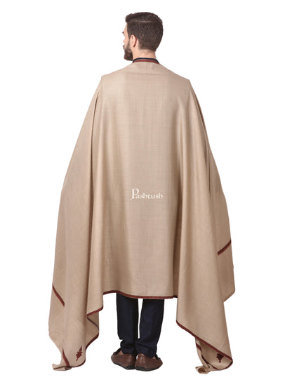 Pashtush India Mens Shawls Gents Shawl Pashtush Mens Border Embroidery Mens Shawl With Handwork - Beige