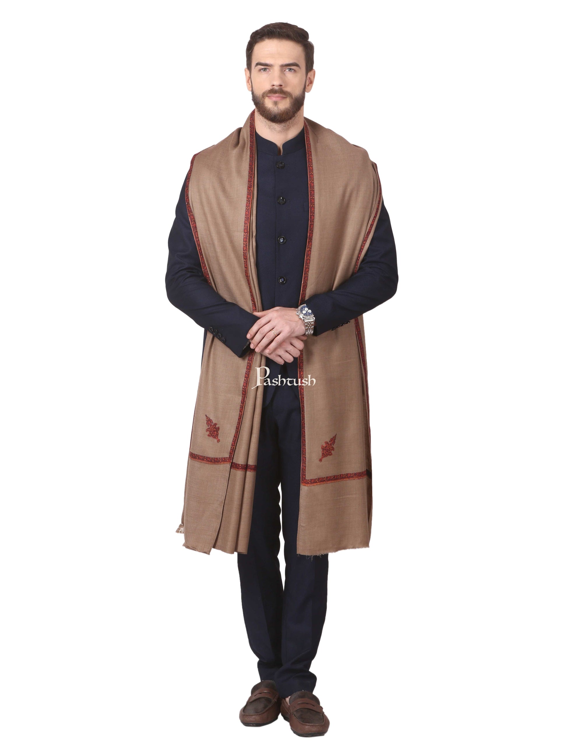Pashtush India Mens Shawls Gents Shawl Pashtush Mens Border Embroidery Mens Shawl With Handwork In Dark Taupe