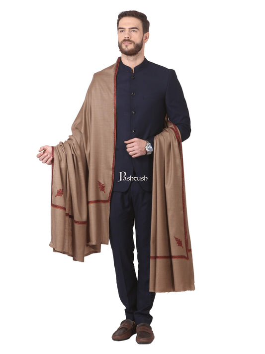 Pashtush India Mens Shawls Gents Shawl Pashtush Mens Border Embroidery Mens Shawl With Handwork In Dark Taupe