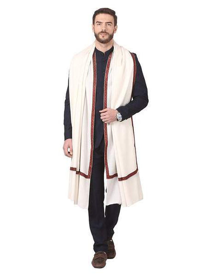 Pashtush Mens Border Embroidery Mens Shawl With Handwork In White