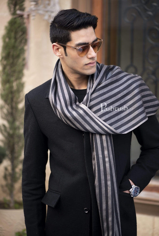 Pashtush India 70x200 Pashtush Mens Cashmere and Wool Scarf, Striped Charcoal Black