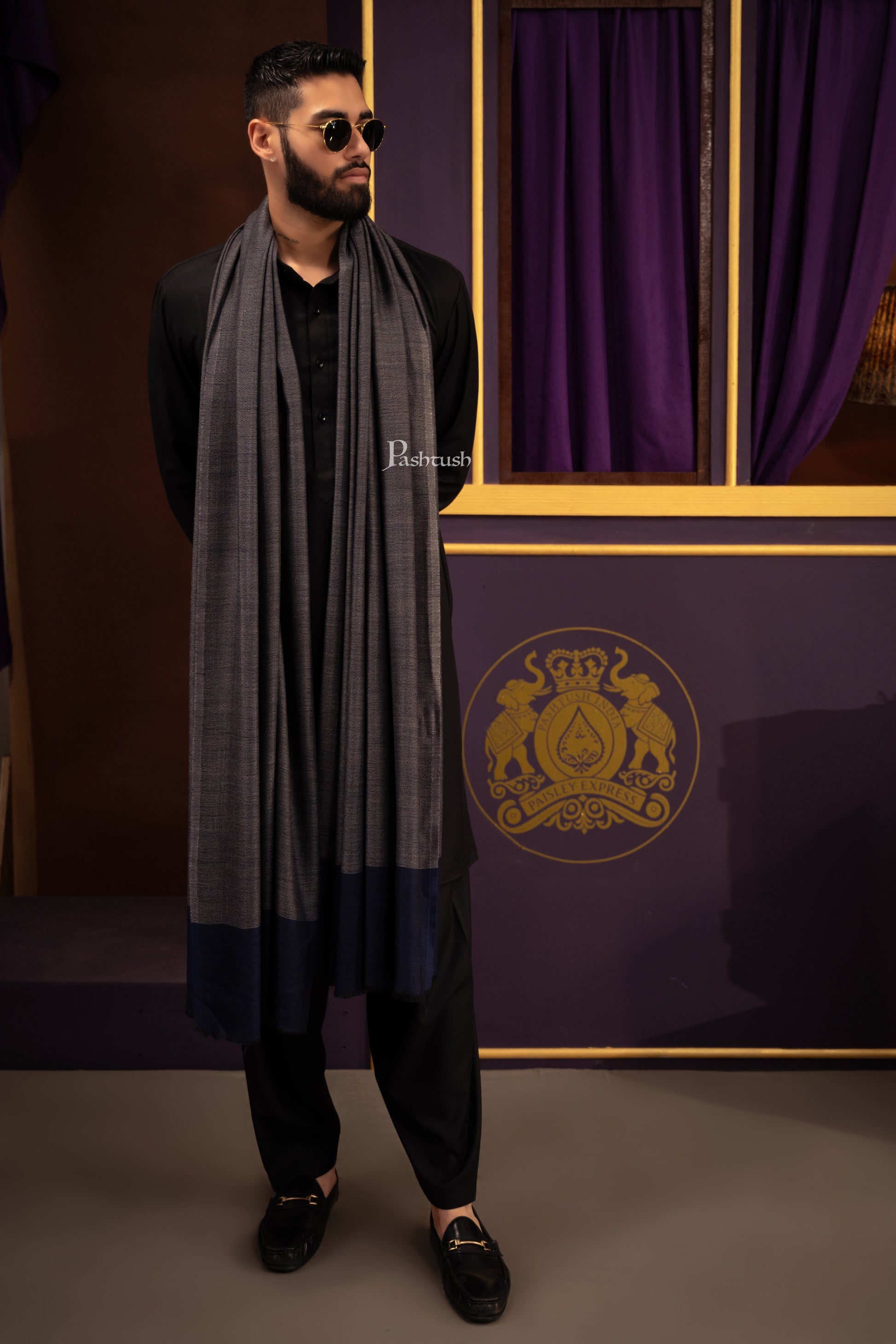 Pashtush India Mens Shawls Gents Shawl Pashtush Mens Cashmere Shawl, Reversible Design, Dark Grey