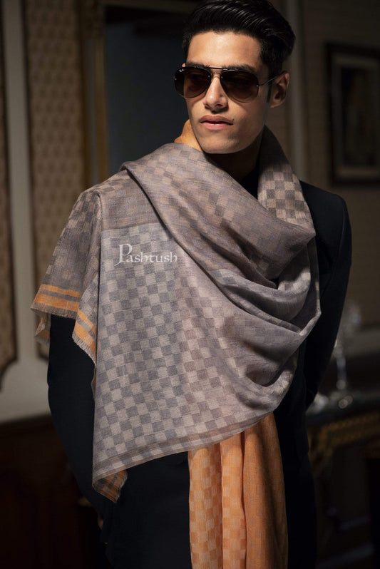 Pashtush India 70x200 Pashtush Mens Cashmere Wool Muffler, Reversible Checks, Twin Weave
