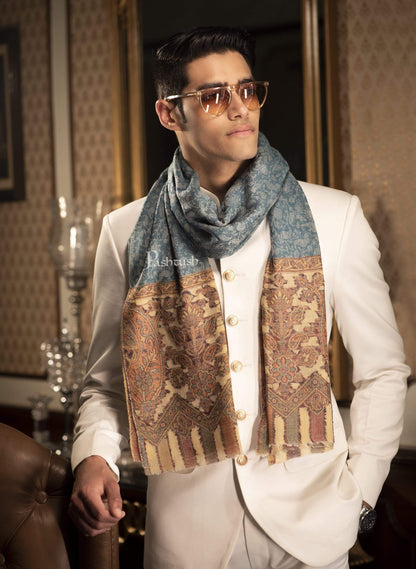 Pashtush India 70x200 Pashtush Mens Cashmere Wool Scarf, Ethnic Design, Arabic Blue
