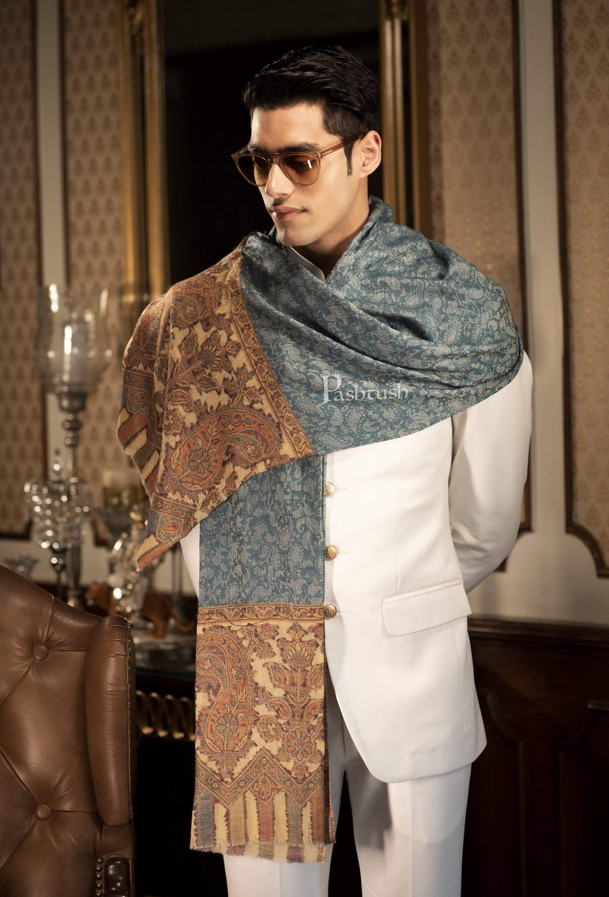Pashtush India 70x200 Pashtush Mens Cashmere Wool Scarf, Ethnic Design, Arabic Blue