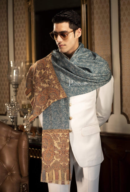 Pashtush India 70x200 Pashtush Mens Cashmere Wool Scarf, Ethnic Design, Arabic Blue
