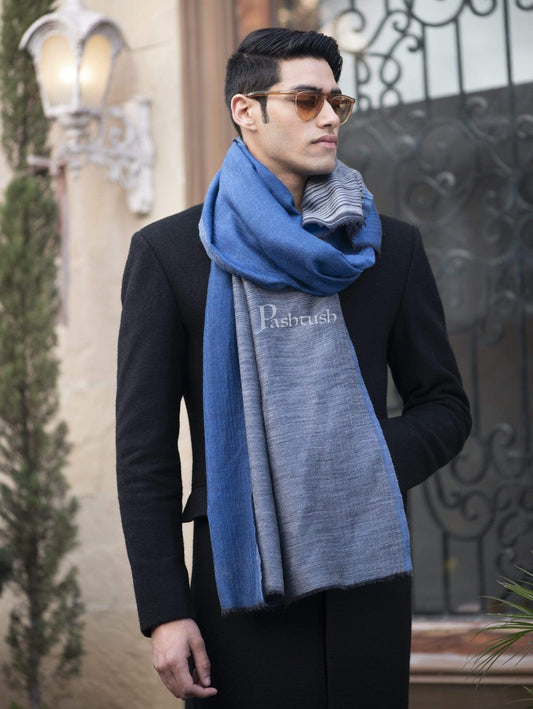 Pashtush India 70x200 Pashtush Mens Cashmere Wool Scarf, Reversible, Twin Weave, Azure Blue