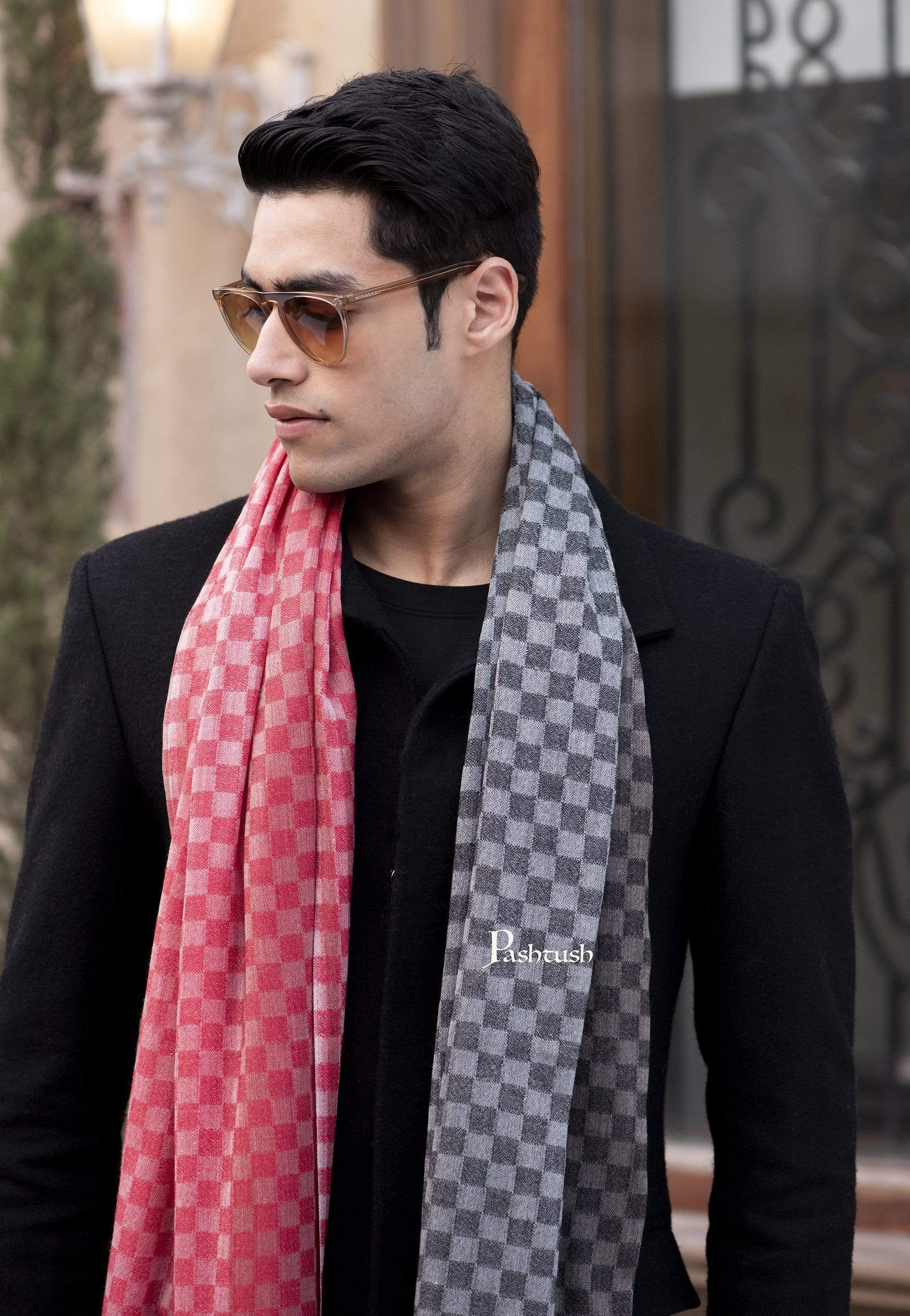 Pashtush India 70x200 Pashtush Mens Cashmere Wool Scarf, Reversible Weave, Crimson - Black