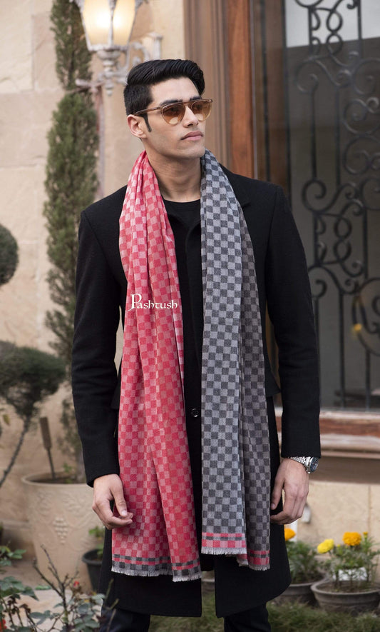 Pashtush India 70x200 Pashtush Mens Cashmere Wool Scarf, Reversible Weave, Crimson - Black