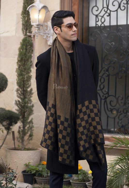 Pashtush India 70x200 Pashtush Mens Checkered Scarf, With Metallic Thread Weave, Black and Gold
