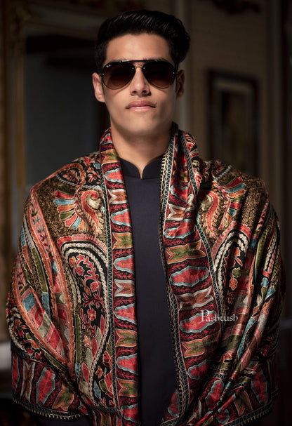 Pashtush India 70x200 Pashtush Mens Collection, Wool Embroidery Nalki Scarf, Rich Black